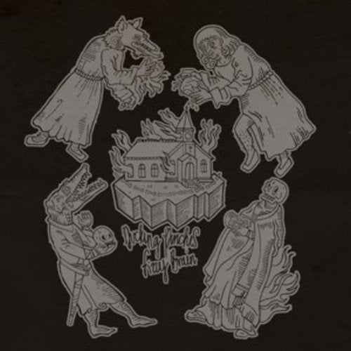 A black vinyl record cover with grey illustrations of people and a burning house.