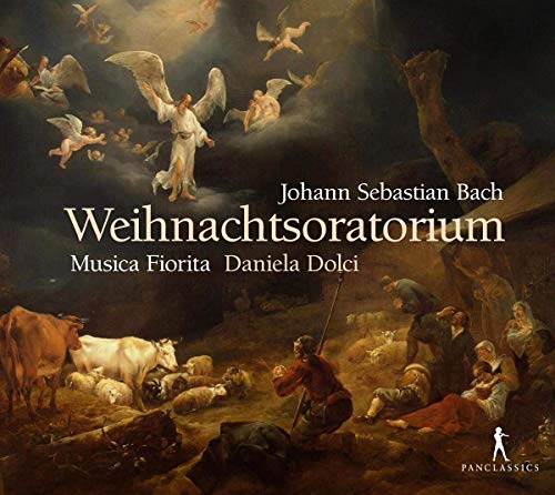 "CD cover featuring a nativity scene with angels and shepherds, by classical artist."