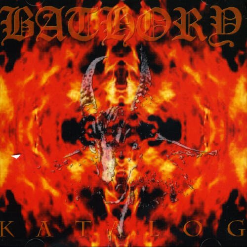 CD cover for Bathory’s “Katalog” featuring a fiery, demonic goat image.