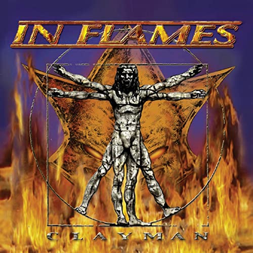 In Flames album cover, “Clayman,” featuring a figure within geometric shapes and flames.
