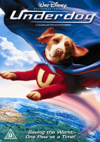 Underdog" DVD cover featuring a dog in a superhero costume flying.