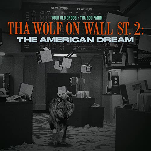 Album cover featuring a wolf in a chaotic stock exchange office.