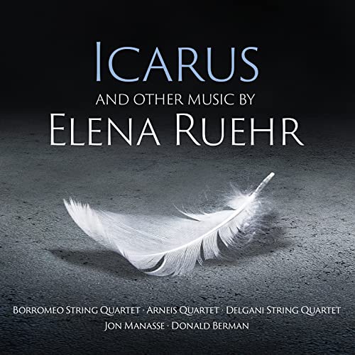 CD cover for Elena Ruehr’s “Icarus” featuring a single white feather.