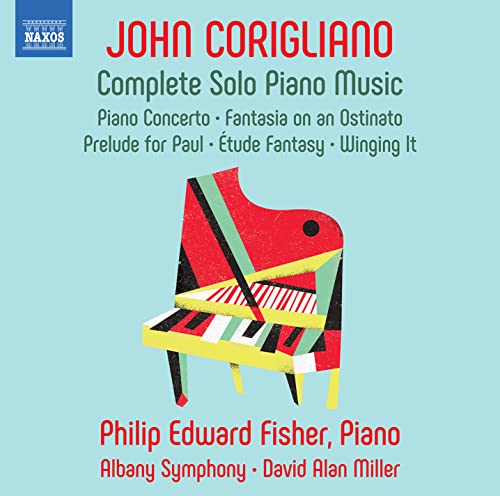 CD cover for John Corigliano’s complete solo piano music, featuring abstract piano art.