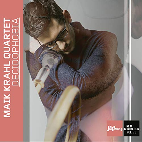 Man holding a saxophone, looking down, on a music album cover with red accents.