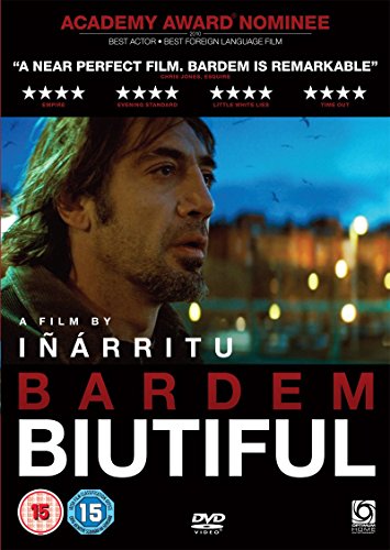 “Biutiful” DVD cover featuring Javier Bardem’s portrait and city skyline.
