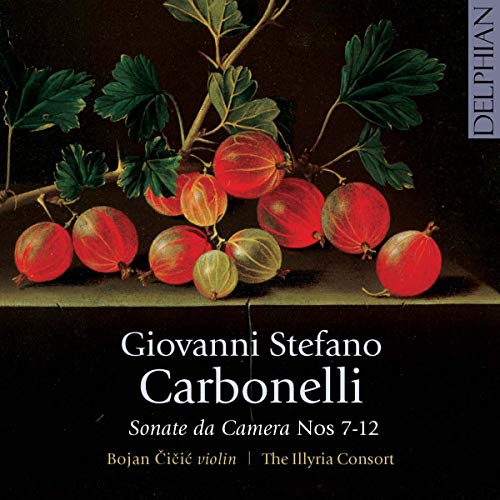 "CD cover featuring a still life painting of red and green gooseberries on a branch."