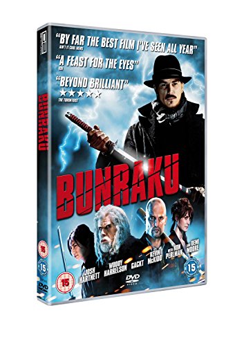 DVD cover for "Bunraku" featuring actors and a sword with energy effects.