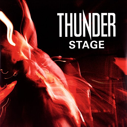 "Album cover with 'THUNDER STAGE' text, a guitarist, and blurred stage lights."