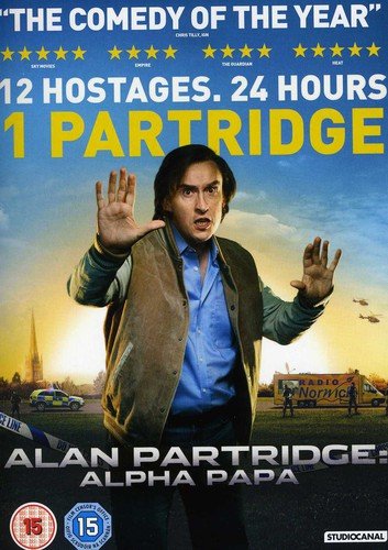 Alan Partridge in a jacket, hands raised, with police and helicopters.
