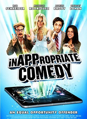 DVD cover for "Inappropriate Comedy" featuring four actors and a shattered smartphone.