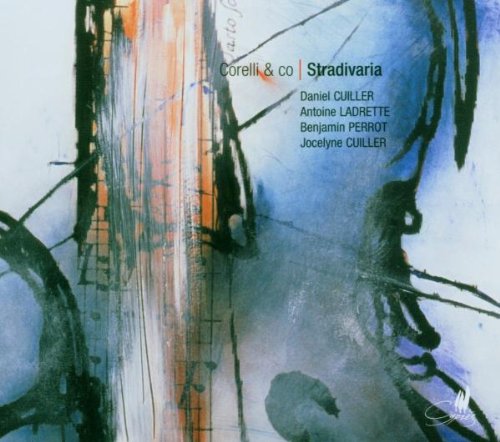 "Blurry abstract CD cover with blue, black, and orange brushstrokes and text overlay."
