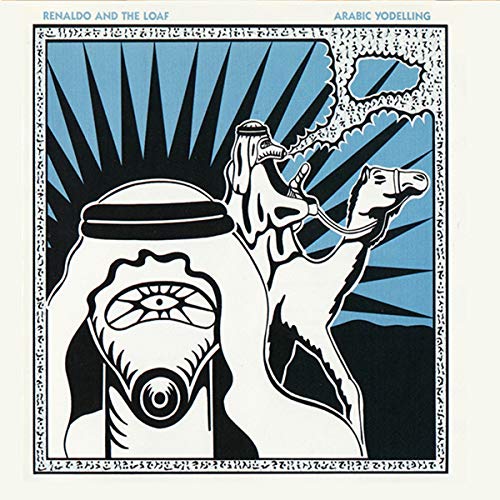 Album cover with illustration of man on camel, black and white with blue background.
