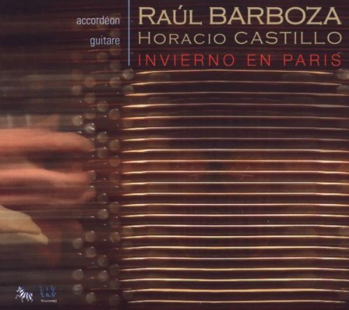 "Album cover with accordion keys and hand, featuring artist names and title 'Invierno en Paris'."