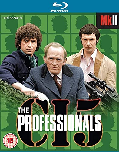 Blu-ray cover art for The Professionals featuring three men against a green grid background.