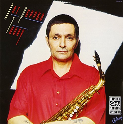 Art Pepper portrait with saxophone, album cover for “Today.”