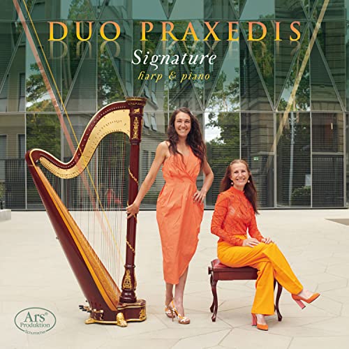 CD cover featuring two women with a harp and piano.