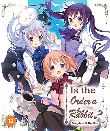 Anime Blu-ray cover featuring three young women and a rabbit character.