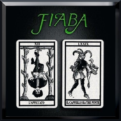 "Black album cover with 'Fiaba' in green, featuring two black and white tarot cards."