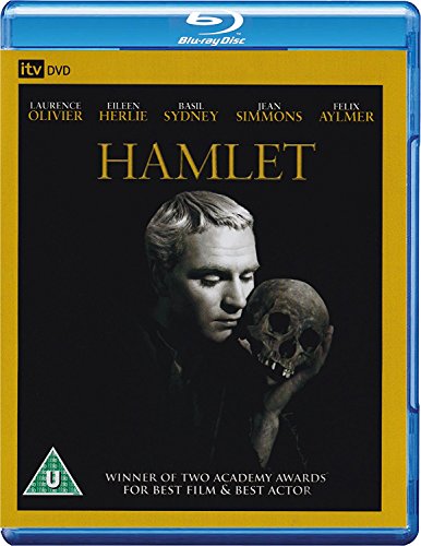 Blu-ray cover for Hamlet featuring Laurence Olivier holding a skull against a black background.