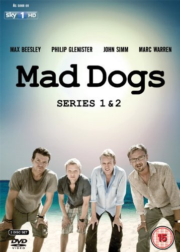 DVD cover for "Mad Dogs" series 1 and 2, featuring four men on a beach.