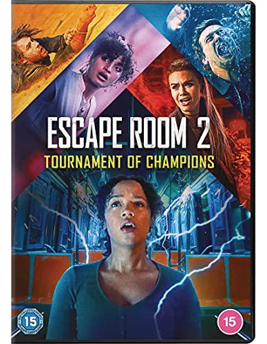 DVD cover for “Escape Room 2: Tournament of Champions” featuring distressed people.
