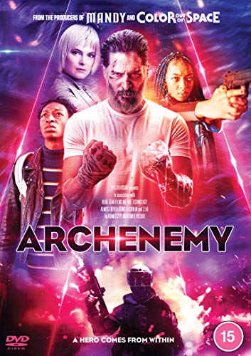 "DVD cover for 'Archenemy' with a man and others in a red-lit scene."