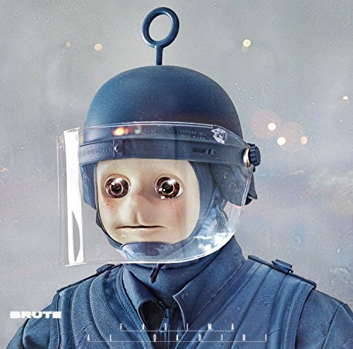Album cover for Fatima Al Qadiri's "Brute" featuring a robotic figure in riot gear.