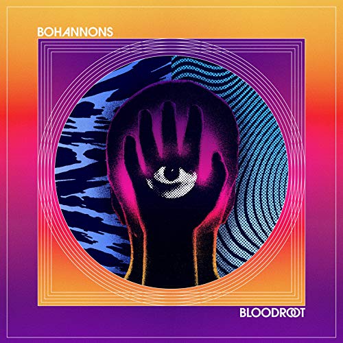 "Album cover with hand and eye, gradient background, and white border."