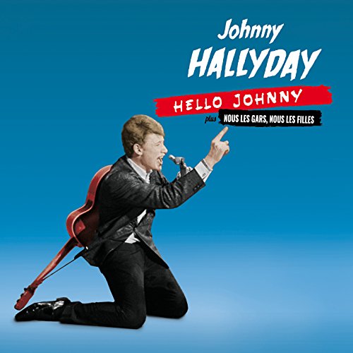 Johnny Hallyday album cover: singer kneeling with guitar, blue background.