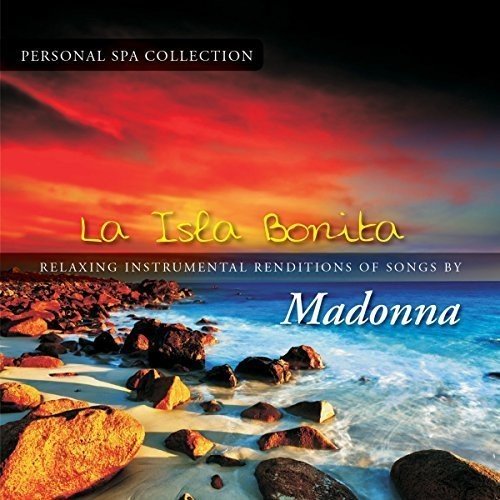 "Album cover with rocky beach at sunset, 'La Isla Bonita' and 'Madonna' text."