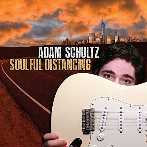 Adam Schultz album cover featuring a man with a guitar and city skyline.