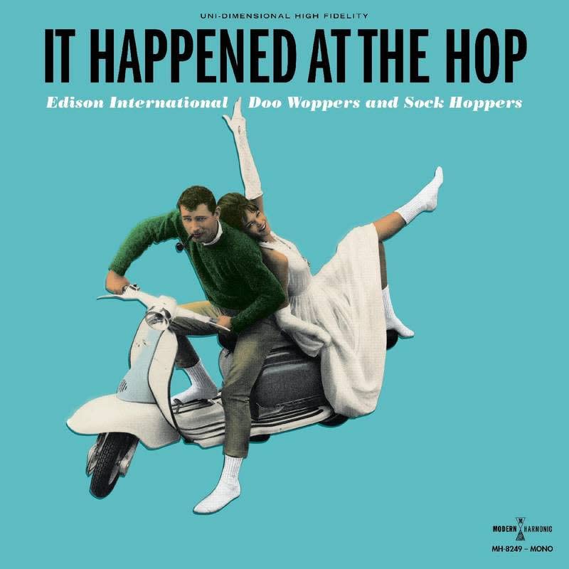 1950s album cover featuring a couple on a blue scooter.