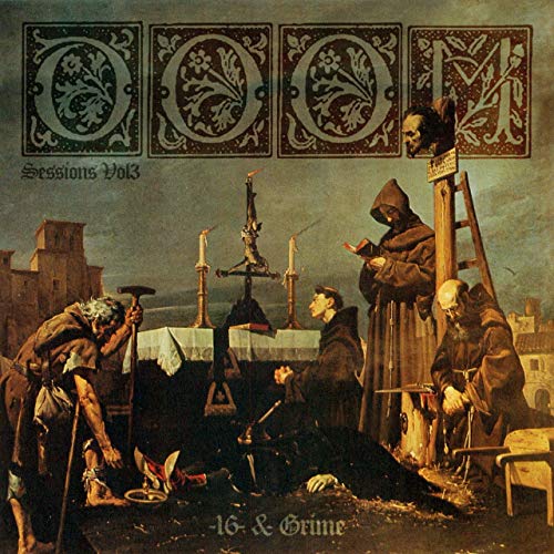 Album cover: medieval scene with hooded figures and a skull.