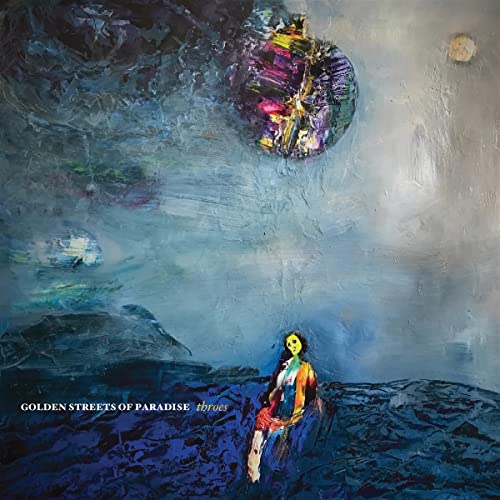 Abstract album cover with painted figure and colorful orb in sky.