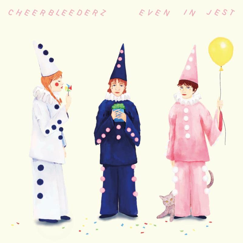 Illustration of three clowns with a cat, confetti, and balloons.