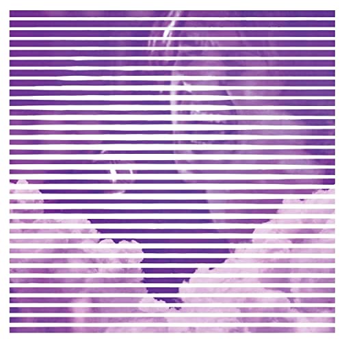 Purple and white striped album cover with a blurred face visible.