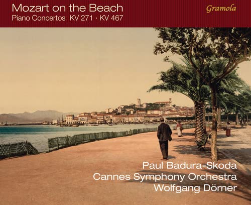CD cover: coastal town scene with a person walking, titled "Mozart on the Beach".