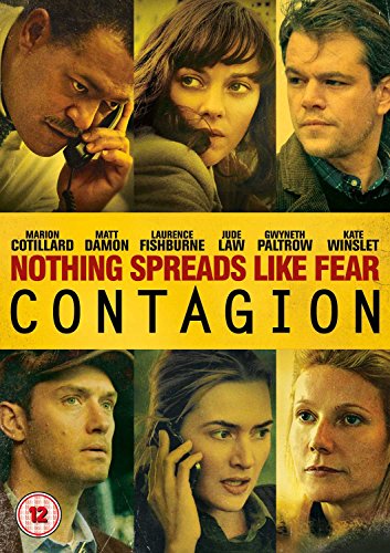 “Contagion” DVD cover featuring portraits of Matt Damon, Marion Cotillard, and others.