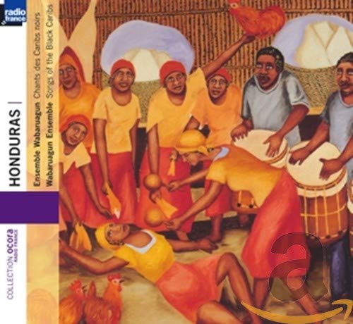Painting of people in red and yellow clothes playing drums and chanting.