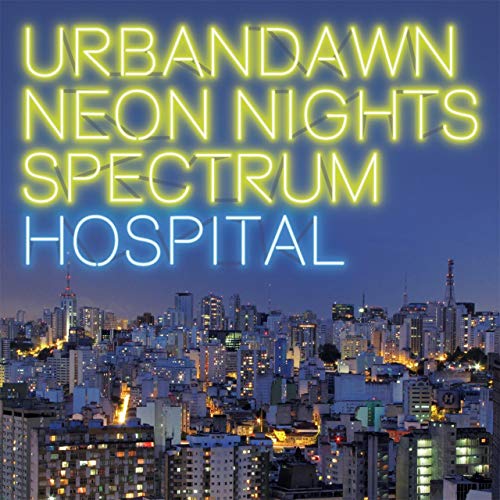 Cityscape at dusk with neon-lit skyscrapers, overlaid with yellow and blue neon text.