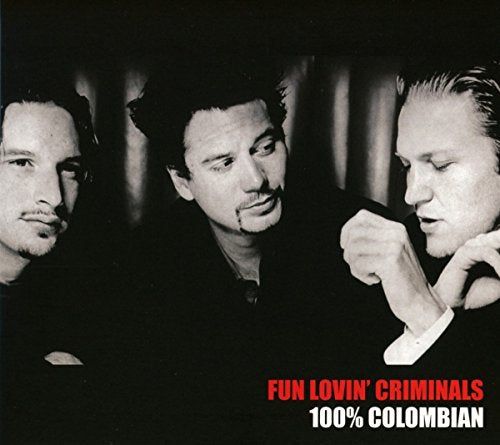 "Black and white album cover with three men and red and white text."