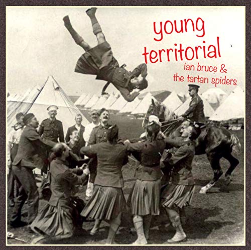 "Album cover with sepia-toned image of men tossing a person in a kilt."