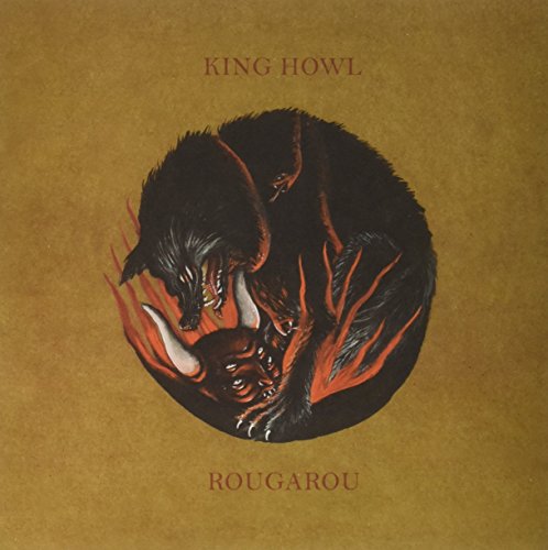 "Vinyl record cover featuring a dark creature surrounded by flames on a brown background."