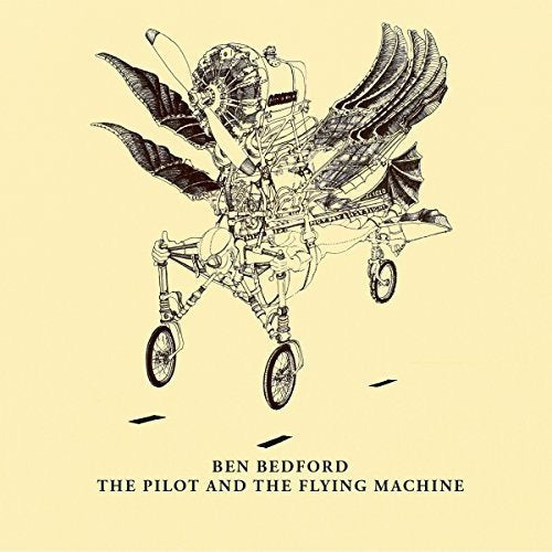 Detailed sketch of a steampunk-style flying machine on a yellow background.
