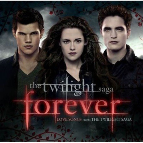 "Twilight Saga CD cover featuring three characters against a dark, cloudy background."