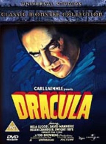DVD cover for 1931 film "Dracula" featuring Bela Lugosi in character.