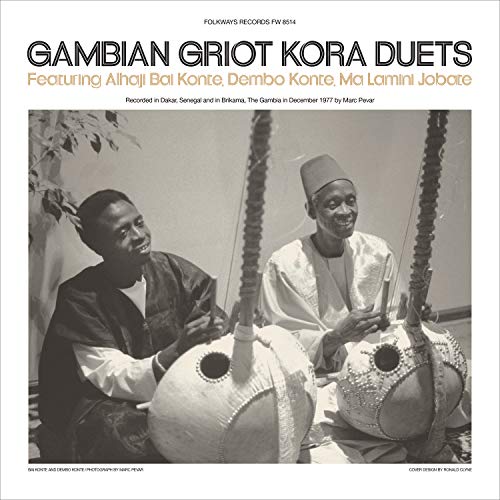 LP cover featuring two Gambian musicians with koras, 1977 photograph.