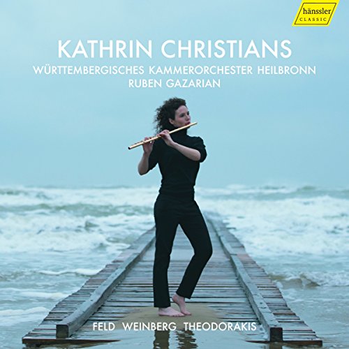 CD cover featuring a woman playing flute on a dock by the ocean.