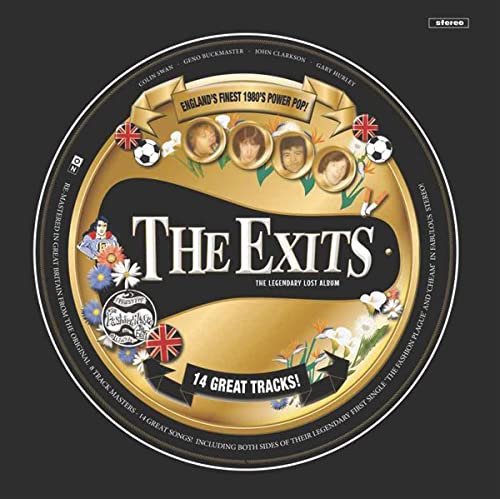 Vinyl record label for "The Exits" album, featuring portraits and soccer balls.